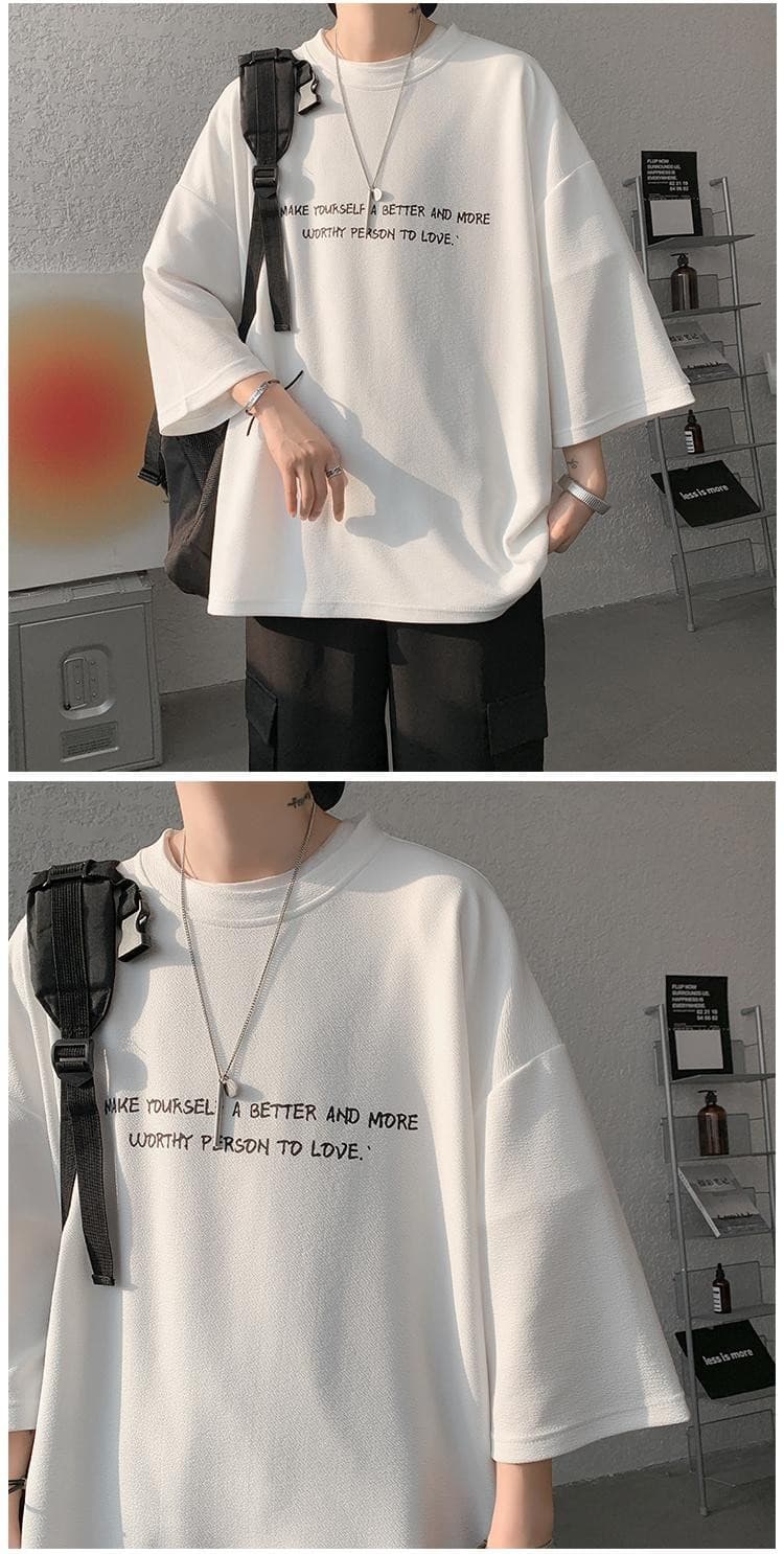 シンプルファッション シルキー素材メッセージプリント七分袖Tシャツ