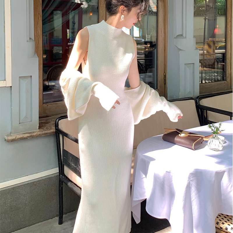 リブニットロングワンピース袖パフボレロセット シンプルファッション