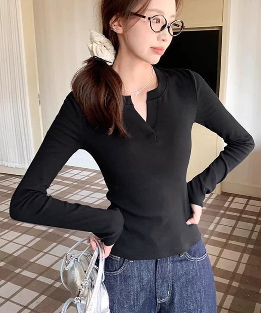 シンプルファッション Tシャツ長袖 レディース シンプルVネック  