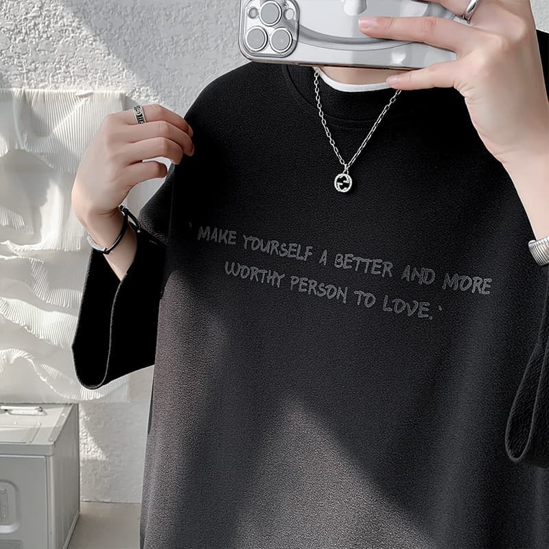 シンプルファッション シルキー素材メッセージプリント七分袖Tシャツ