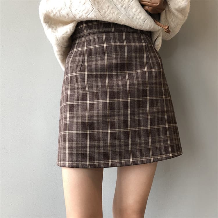 シンプルファッション チェック柄ハイウエストミニスカート秋冬