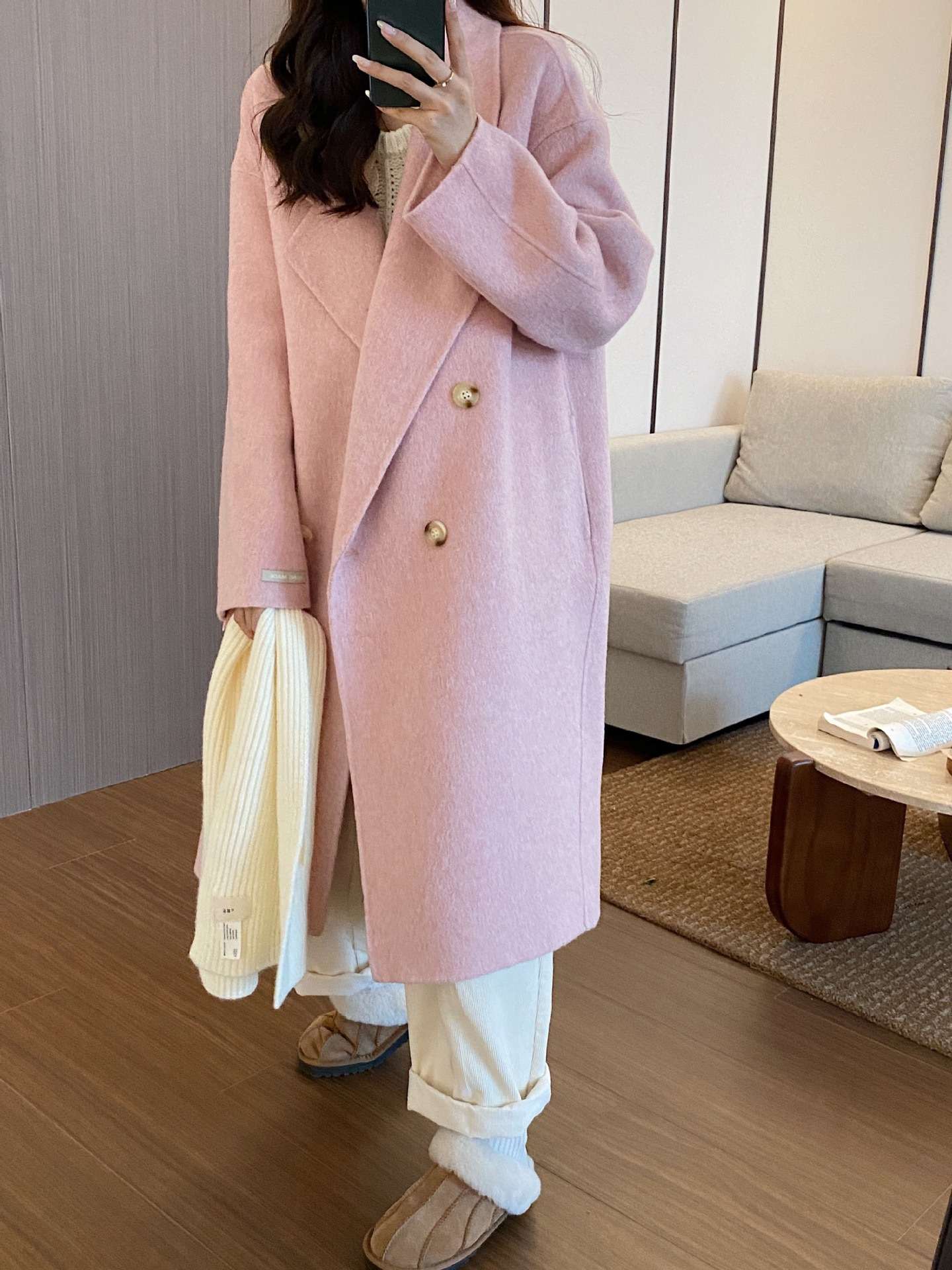 ロングウール混ダブルコート シンプルファッション