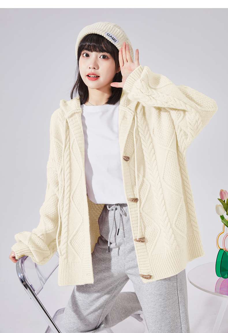 ケーブル編みフード付きカーディガン シンプルファッション