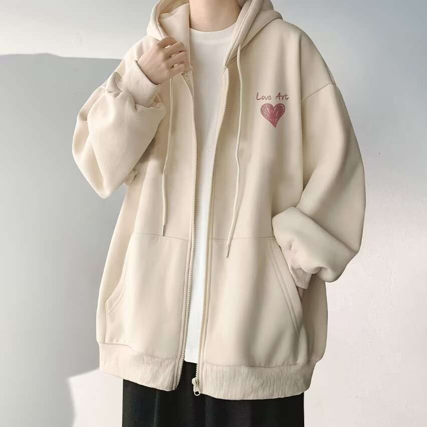 ゆったりストリート系ジップアップパーカー シンプルファッション