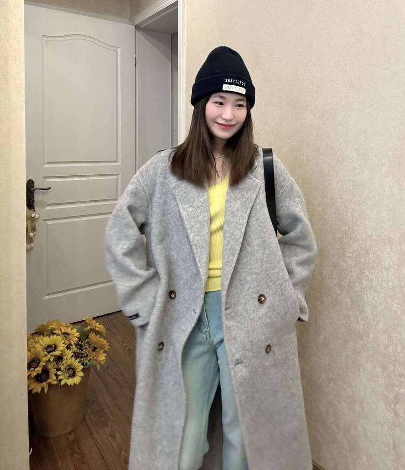 ロングウール混ダブルコート シンプルファッション