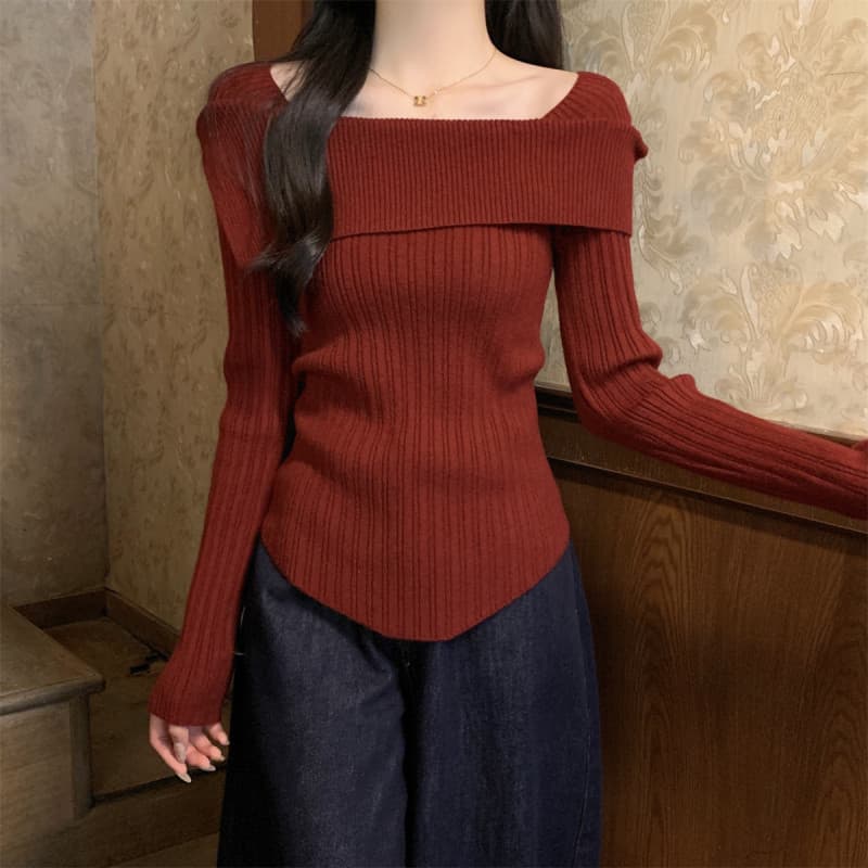 オフショルダーリブニット シンプルファッション