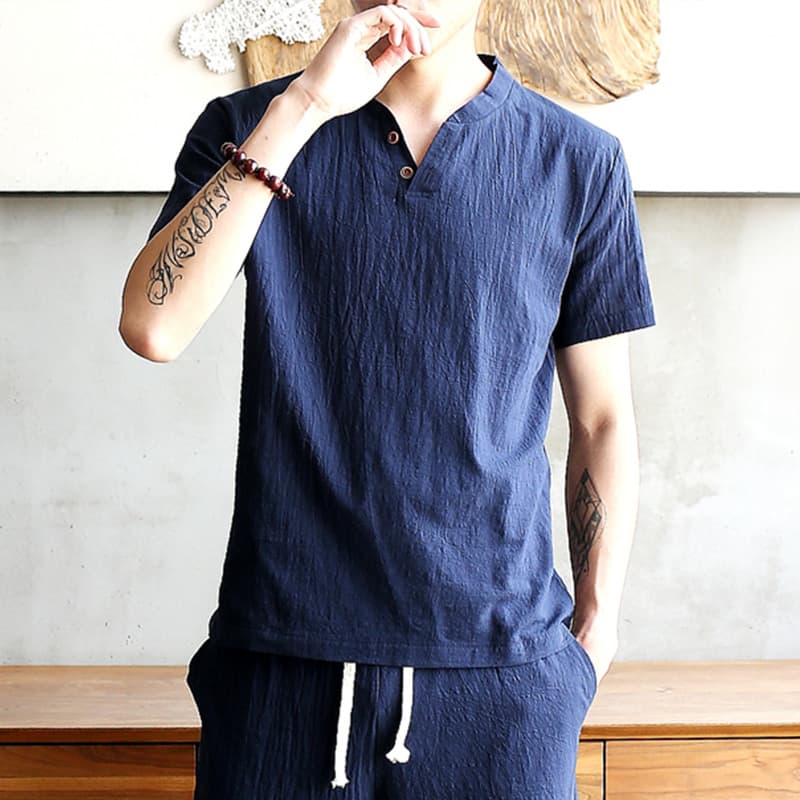 シンプルファッション 綿麻素材ヘンリーネック半袖Tシャツ