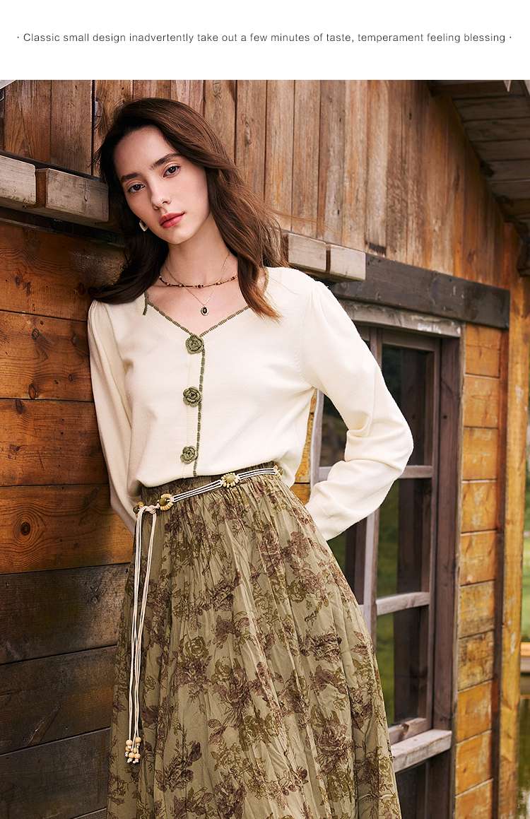 花モチーフボタン付きカーディガン シンプルファッション