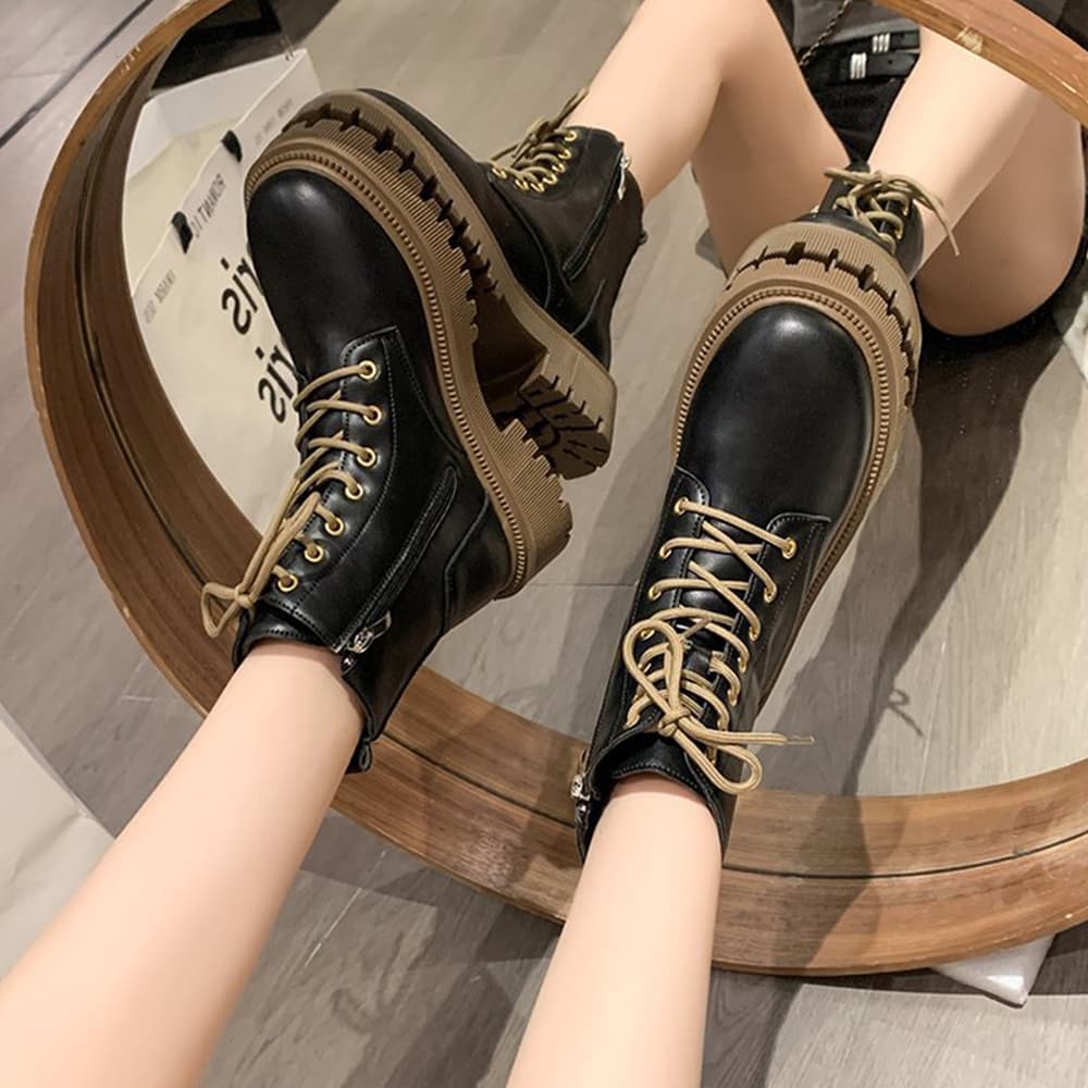 シンプルファッション 厚底編み上げショートブーツ レディース