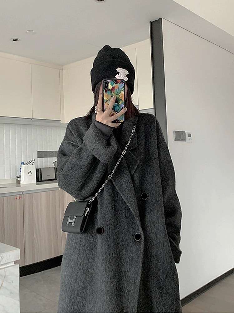 ロングウール混ダブルコート シンプルファッション