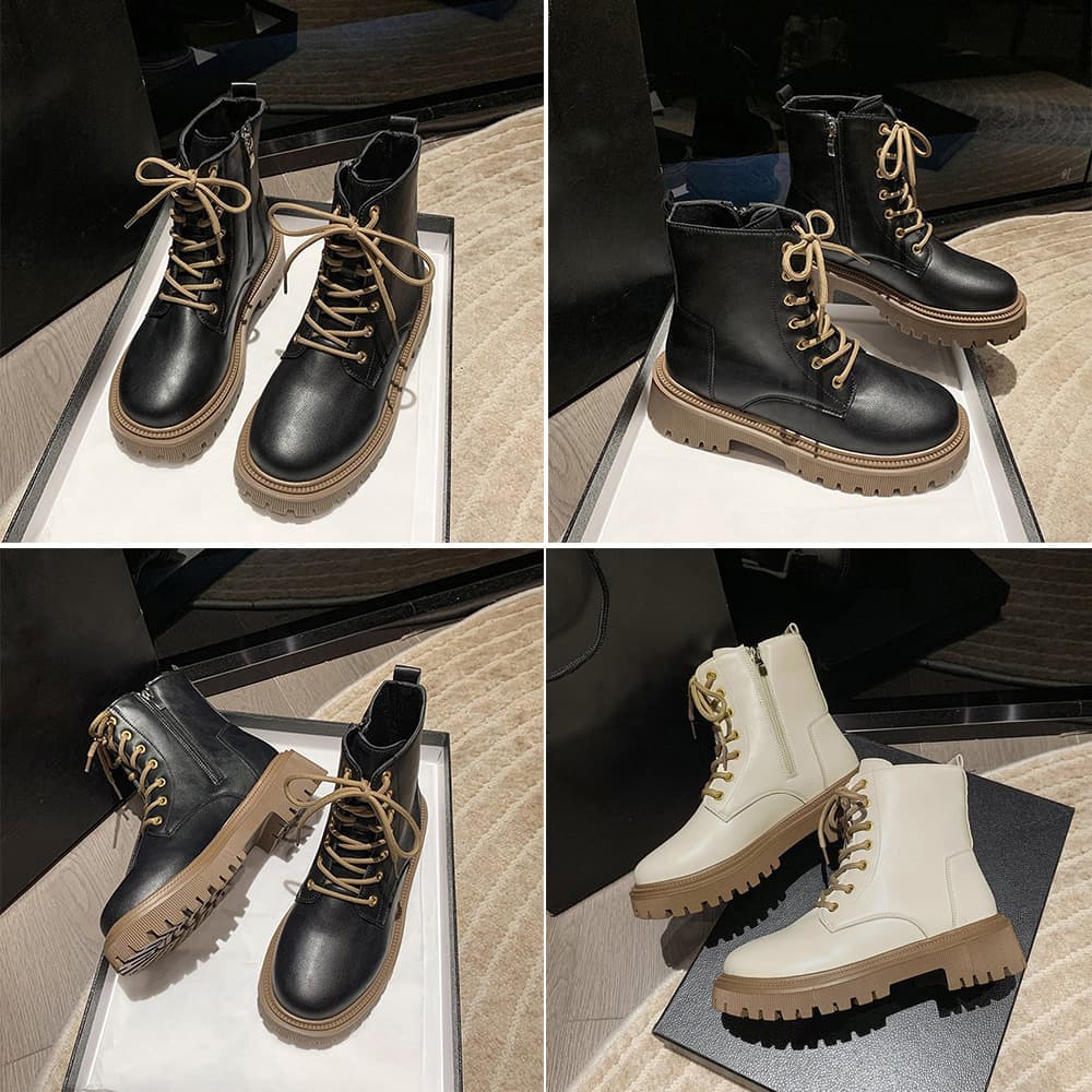 シンプルファッション 厚底編み上げショートブーツ レディース