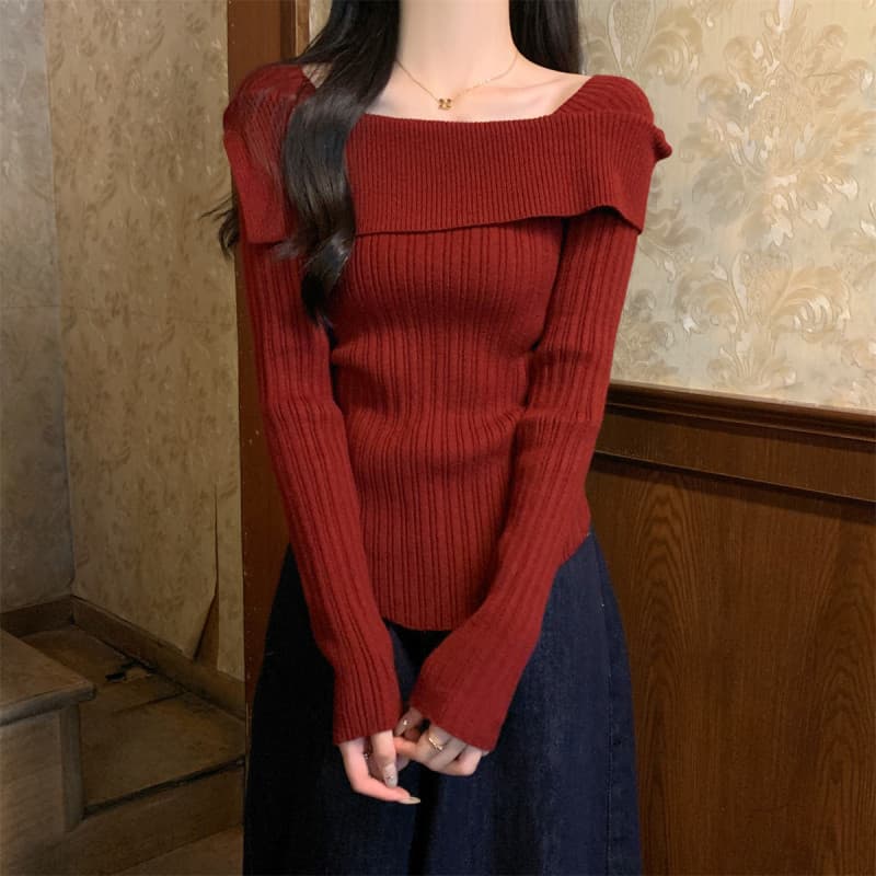 オフショルダーリブニット シンプルファッション