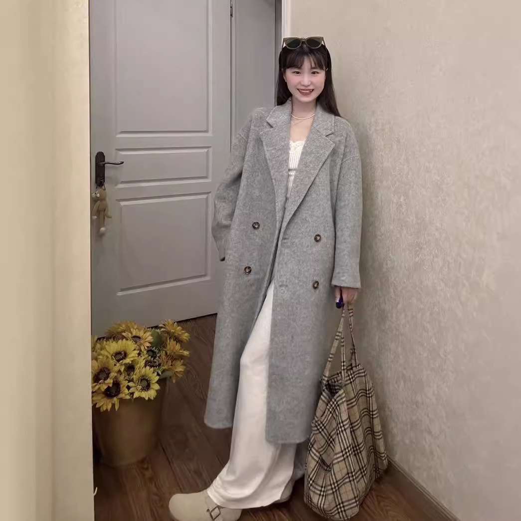ロングウール混ダブルコート シンプルファッション