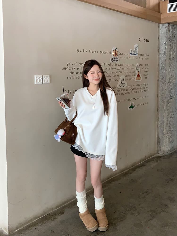 レース裾 ゆるふわ長袖カットソー シンプルファッション