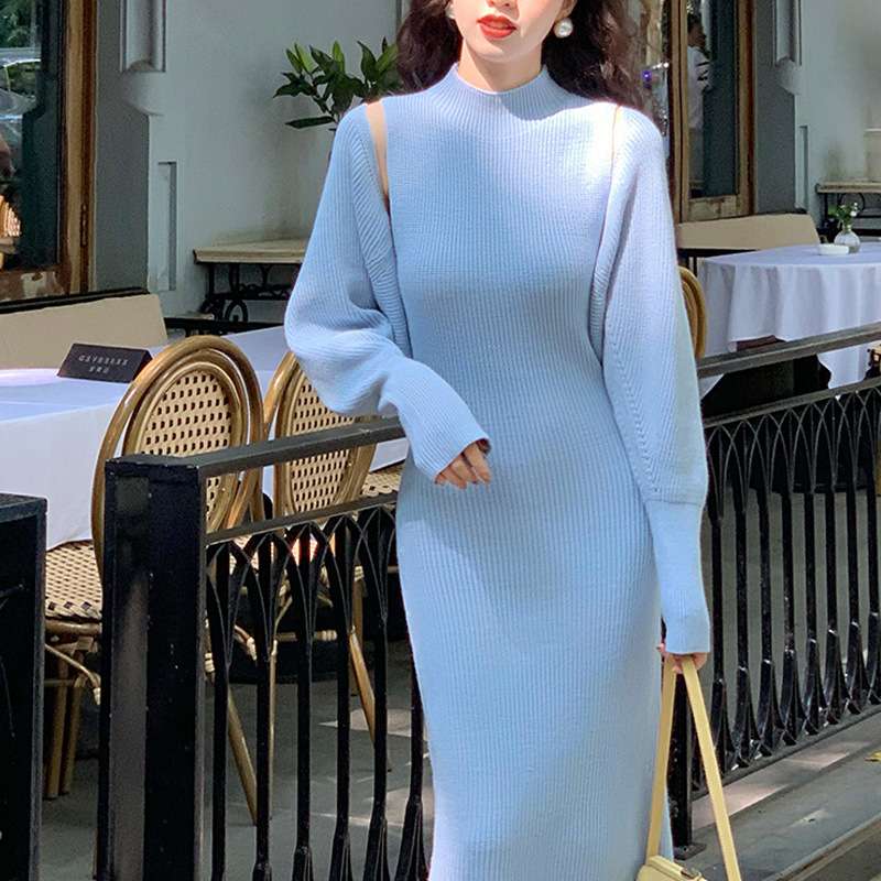 リブニットロングワンピース袖パフボレロセット シンプルファッション