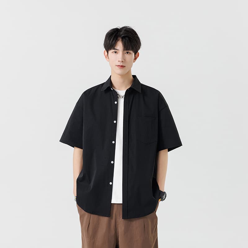 シンプルファッション シルク調ワークシャツ 半袖
