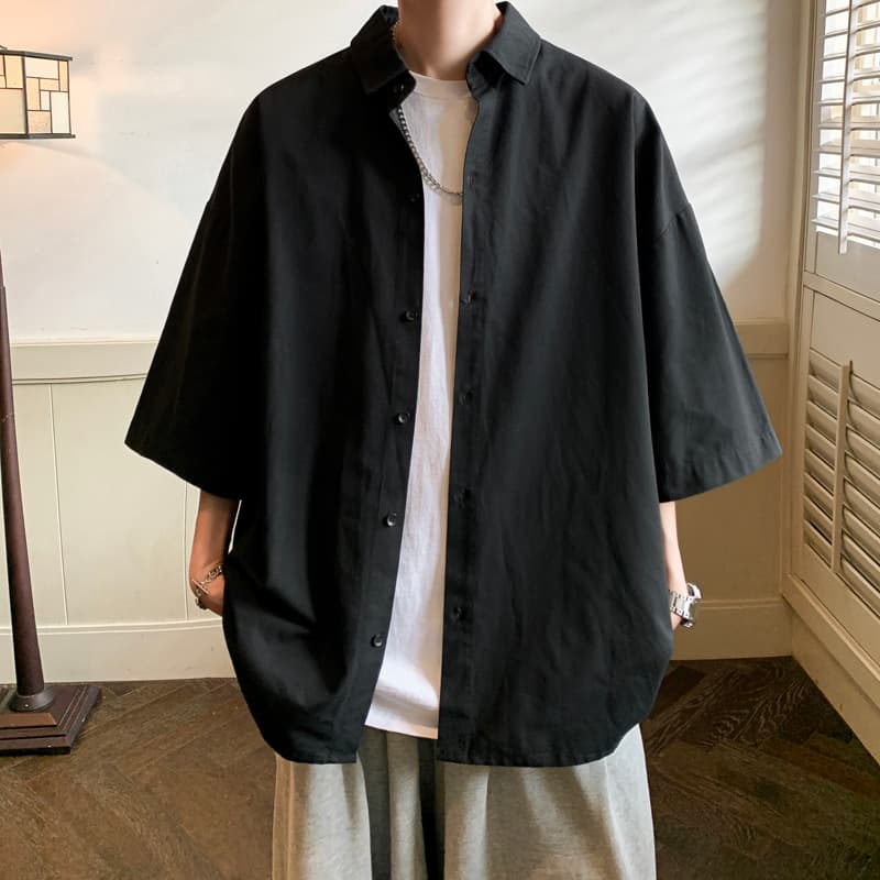 シンプルファッション 涼感素材ゆったり半袖シャツ