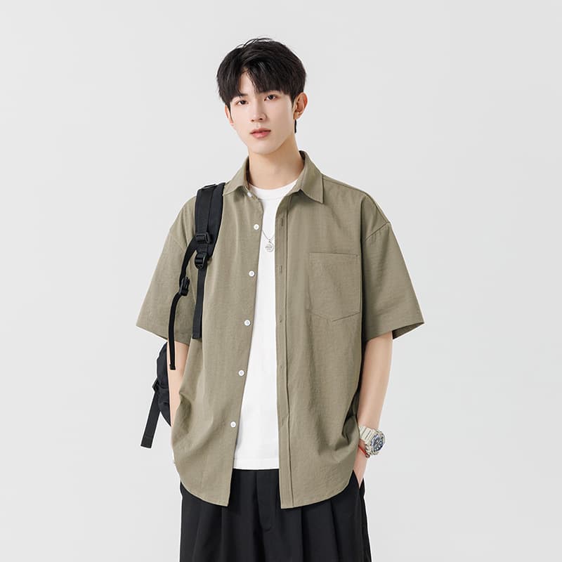 シンプルファッション シルク調ワークシャツ 半袖